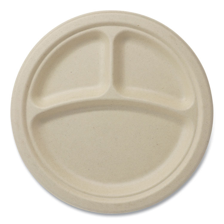 Fiber Plates, 3-Compartment, Paper, 9" dia, Natural, 1,000/Carton