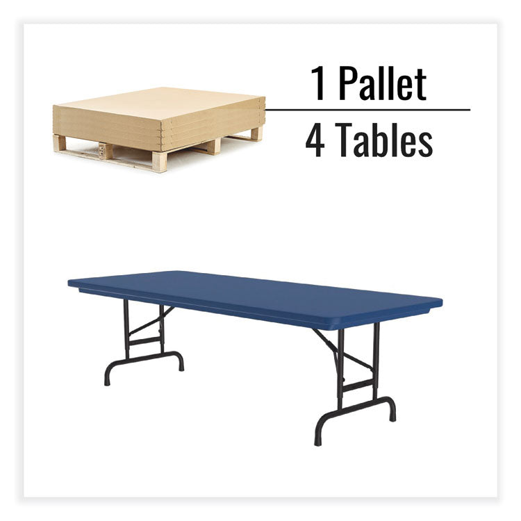 Adjustable Folding Tables, Rectangular, 72" x 30" x 22" to 32", Blue Top, Black Legs, 4/Pallet