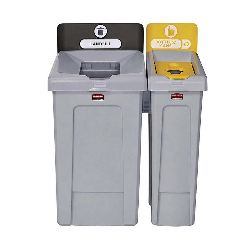 Rubbermaid Commercial Slim Jim Single-Stream Bottles and Cans Recycling Station Kit, 23 Gallon, Gray/Yellow (2185052)