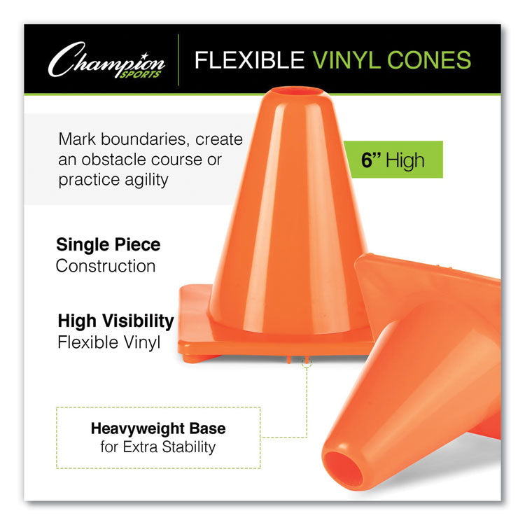 Hi-Visibility Vinyl Cones, 6" Tall, Fluorescent Orange, 9.5" x 9.5" Base