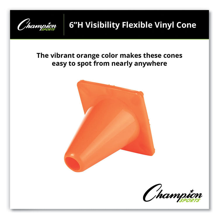 Hi-Visibility Vinyl Cones, 6" Tall, Fluorescent Orange, 9.5" x 9.5" Base