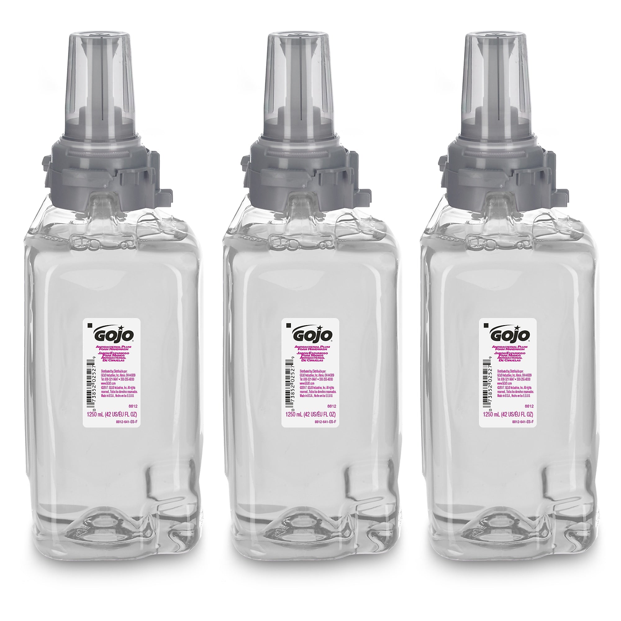 GOJO Antibacterial Foaming Hand Soap Refill for ADX-12 Dispenser, Plum Scent, 1250 mL, 3/Carton (8812-03)