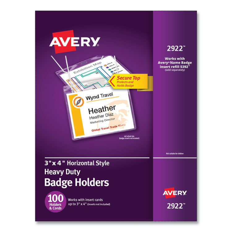 Secure Top Hanging-Style Badge Holders, Horizontal, 4w X 3h, Clear, 100/box