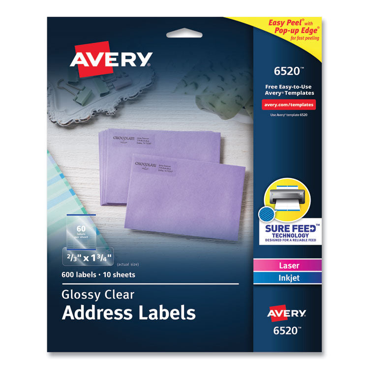 Glossy Clear Easy Peel Mailing Labels W/ Sure Feed Technology, Inkjet/laser Printers, 0.66 X 1.75, 60/sheet, 10 Sheets/pk
