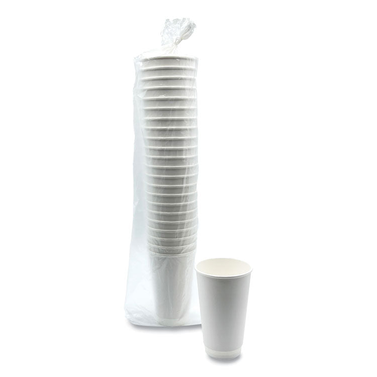 Paper Hot Cups, Double-Walled, 16 oz, White, 25/Pack