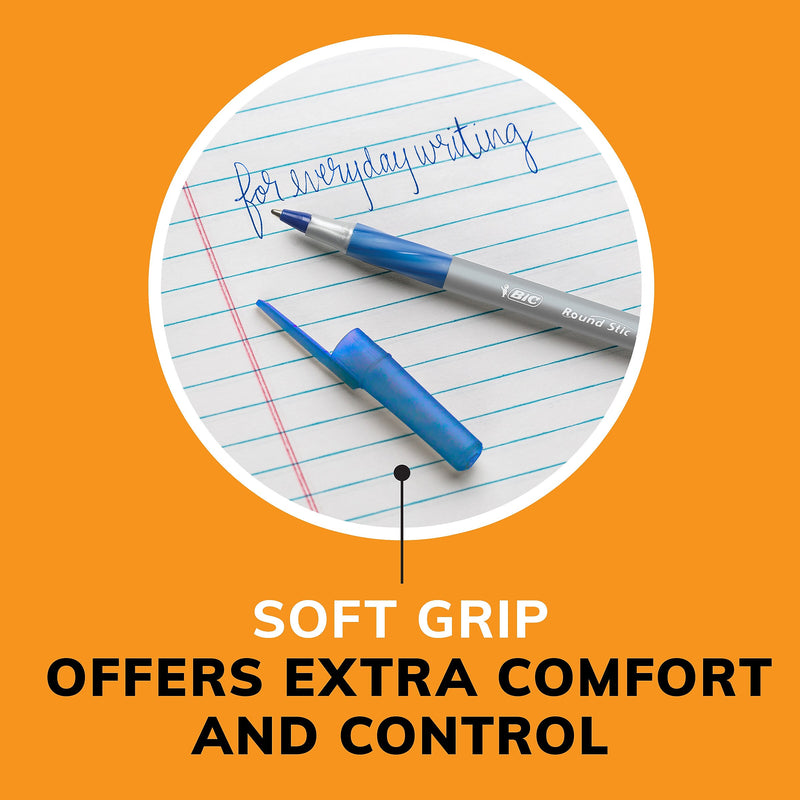 BIC Round Stic Grip Xtra Comfort Ballpoint Pens, Medium Point, 1.2mm, Blue Ink, Dozen (GSMG11BE)