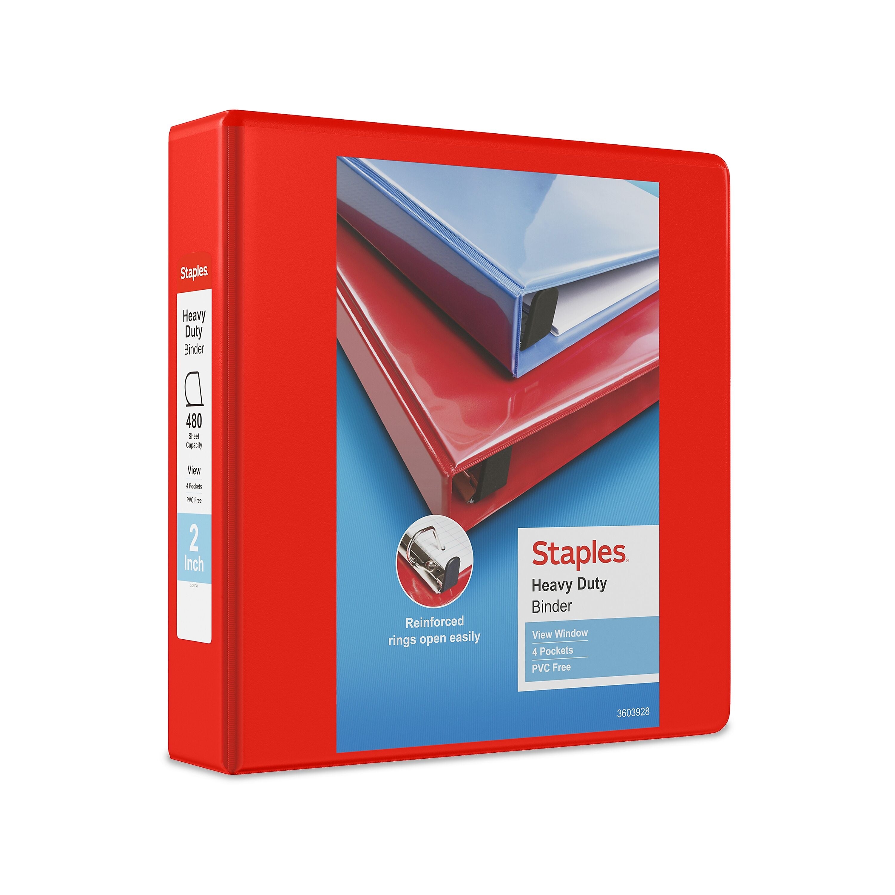 Staples Heavy Duty 2" 3-Ring View Binder, D-Ring, Red (ST56297-CC)