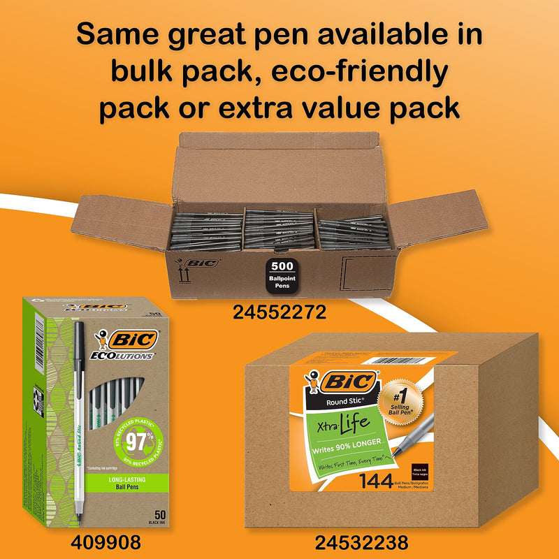 BIC Round Stic Xtra-Life Ballpoint Pens, Medium Point, 1.0mm, Black Ink, 60/Pack (GSM609-BLK)