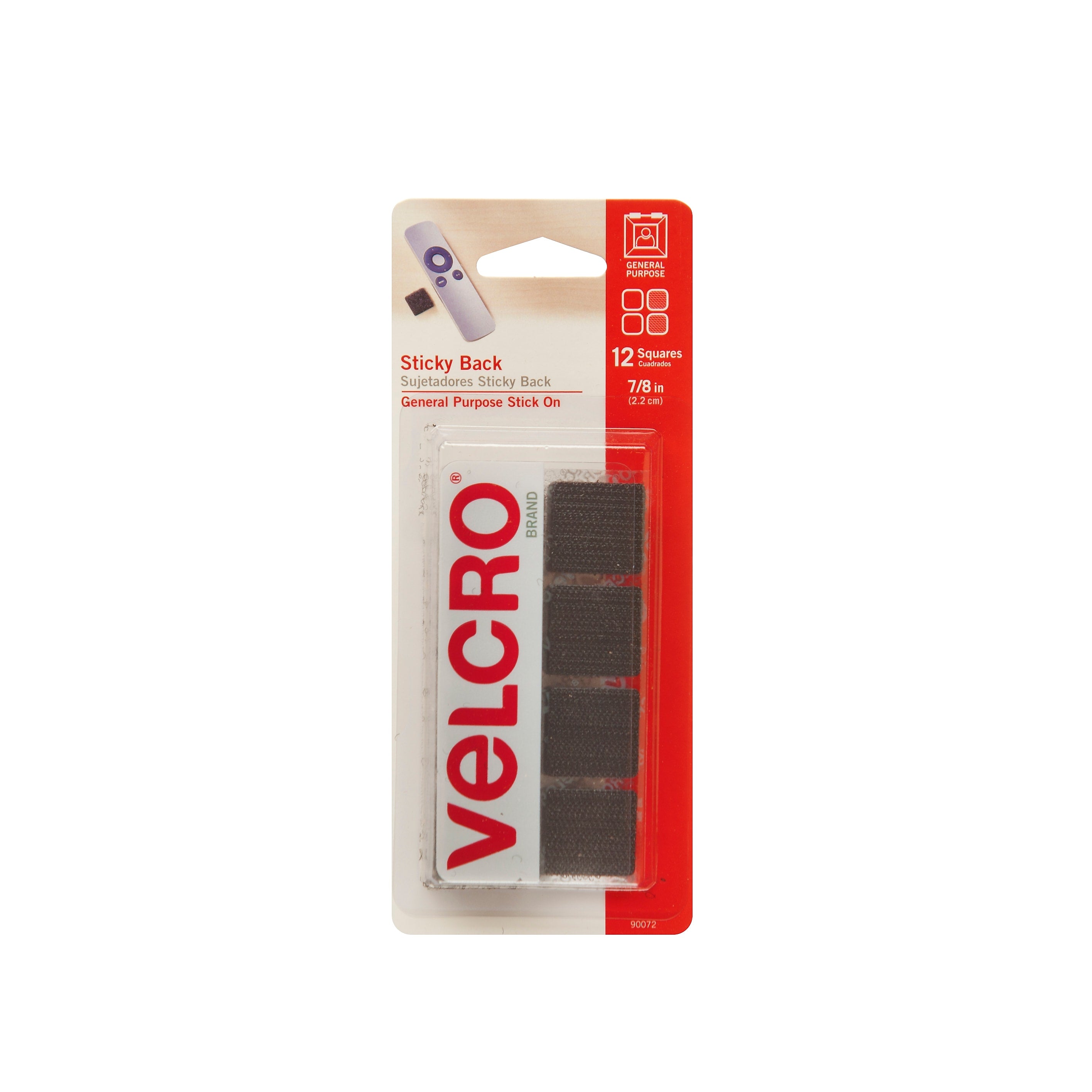 Velcro® Brand 7/8" x 7/8" Sticky Back Hook & Loop Fastener Mounting Squares, Black, 12/Pack (90072)