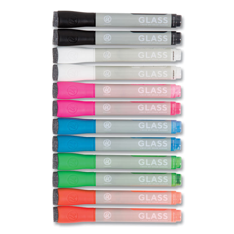 Bullet Tip Low-Odor Liquid Glass Markers With Erasers, Broad Bullet Tip, Assorted Colors, 12/pack