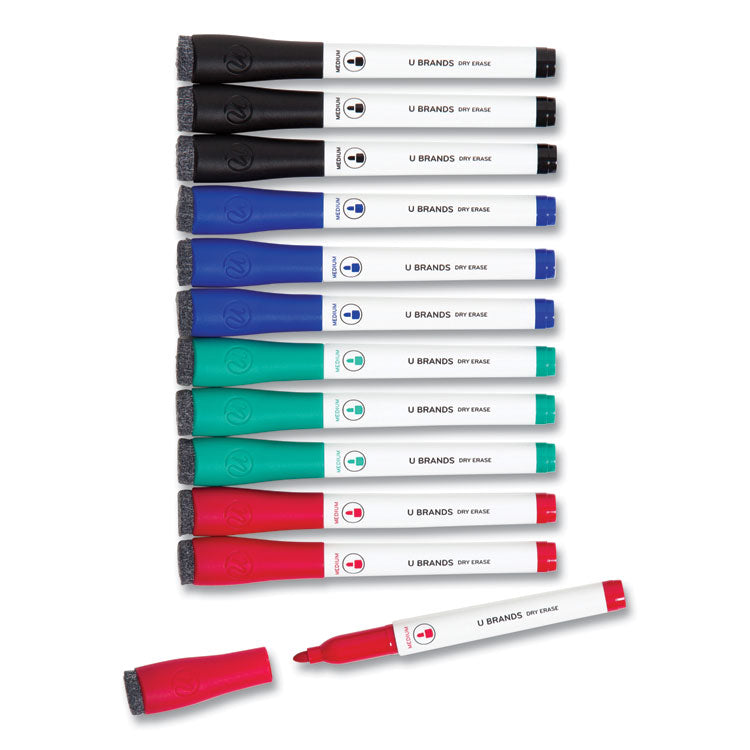 Medium Point Low-Odor Dry-Erase Markers With Erasers, Medium Bullet Tip, Assorted Colors, 12/pack