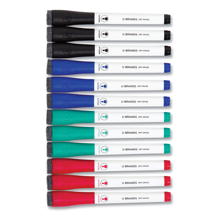 Medium Point Low-Odor Dry-Erase Markers With Erasers, Medium Bullet Tip, Assorted Colors, 12/pack