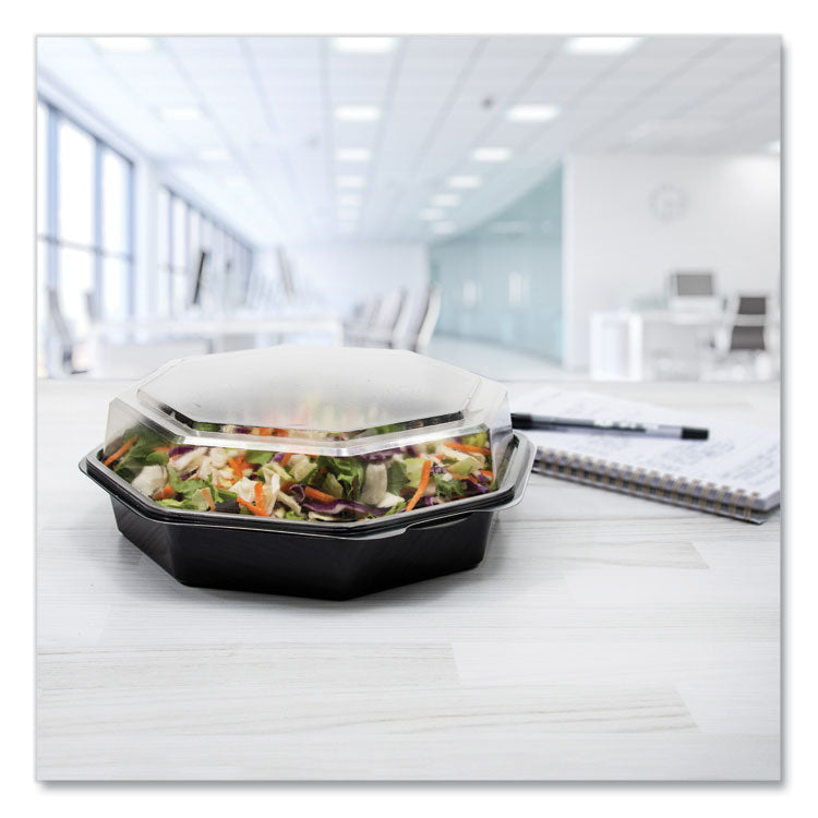 OctaView Hinged-Lid Cold Food Containers, 42 oz, 9.57 x 9.2 x 3.2, Black/Clear, Plastic, 100/Carton