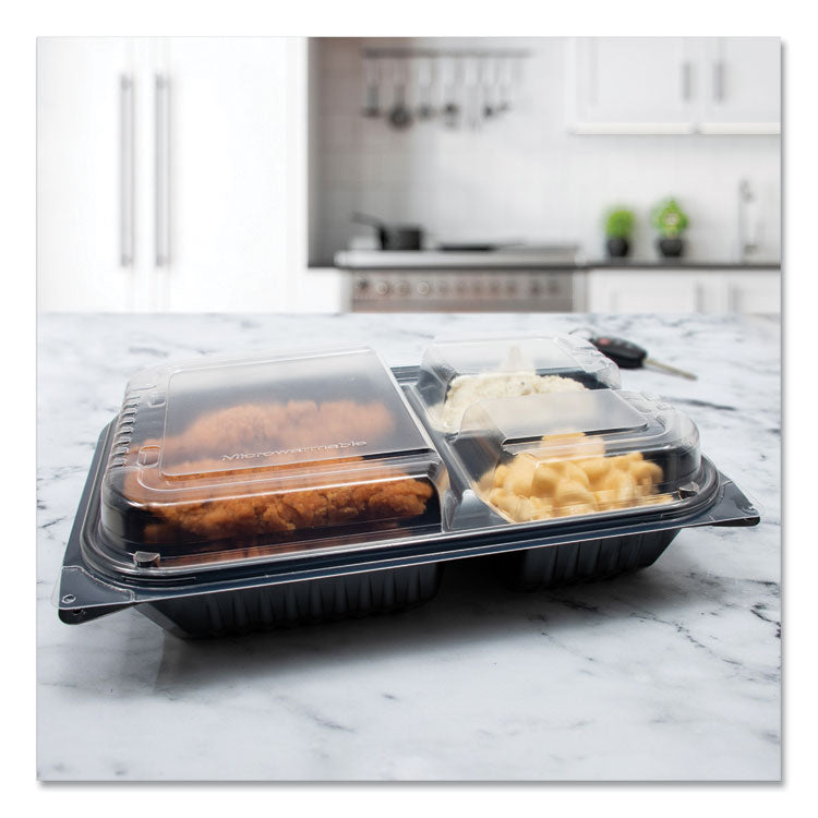 Hinged-Lid Dinner Box, 3 Compartments, 32 oz, 11.5 x 8.1 x 3, Black/Clear, Plastic, 100/Carton