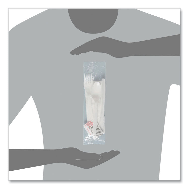 Regal Mediumweight Cutlery Kit, Individually Wrapped, Fork/Knife/Napkin/Spoon/Salt/Pepper, Plastic, White, 750/Carton