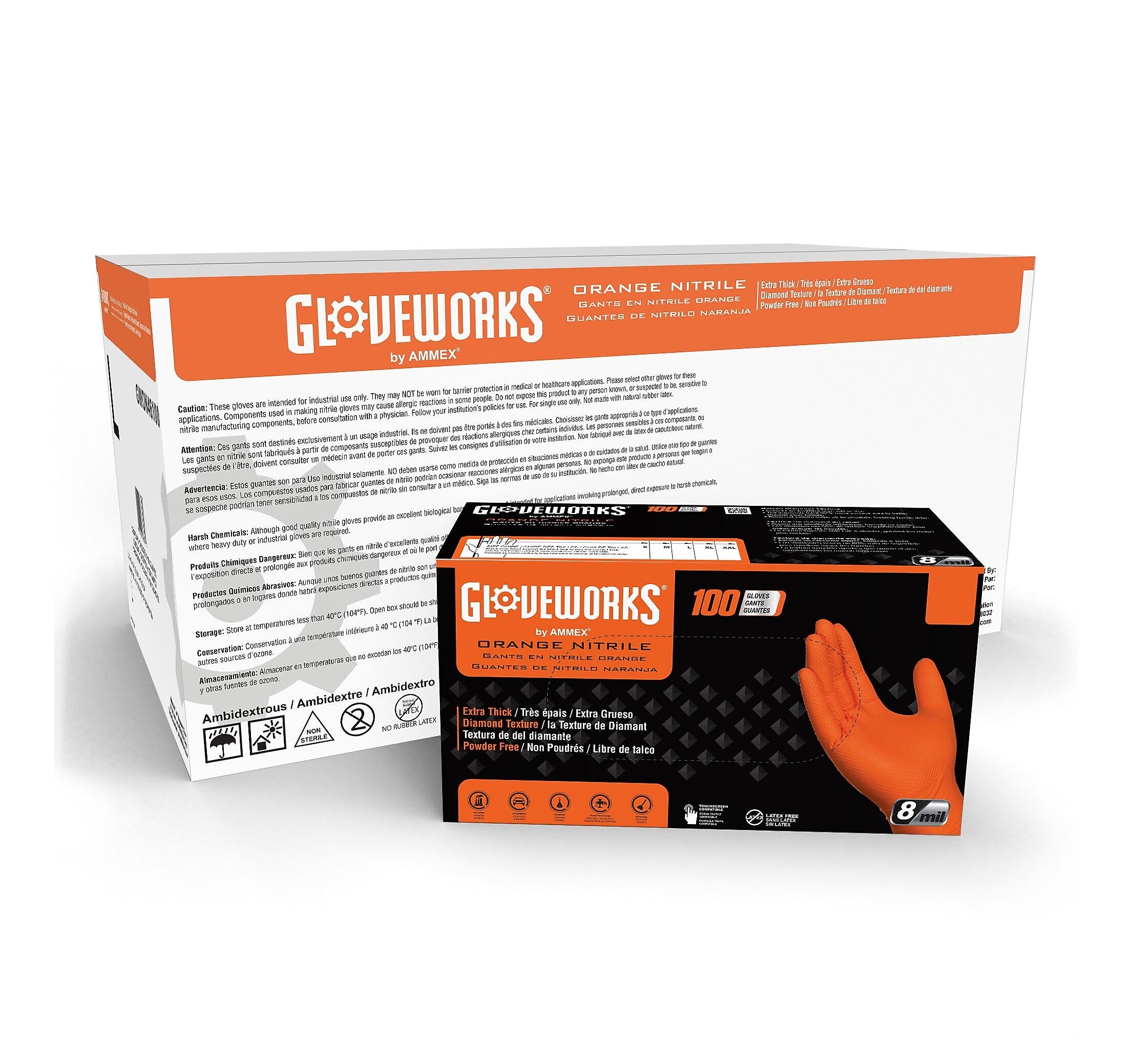 Gloveworks GWON Nitrile Gloves, Large, Orange, 100/Box, 10 Boxes/Carton (GWON46100XX)