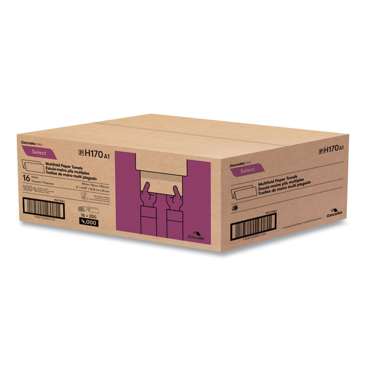 Select Folded Paper Towels, Multifold, 1-Ply, 9.13 x 9.5, White, 250/Pack, 16 Packs/Carton