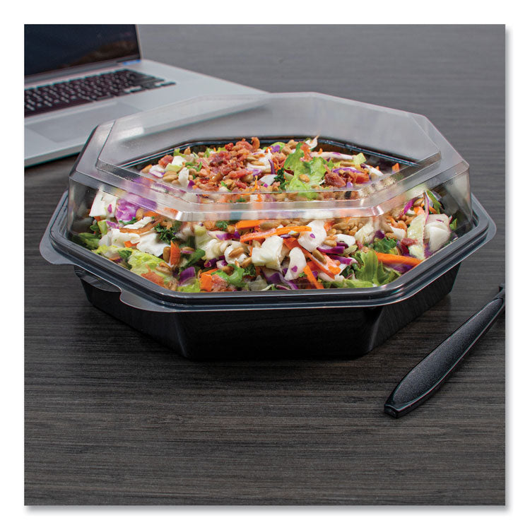 OctaView Hinged-Lid Cold Food Containers, 42 oz, 9.57" x 9.2" x 3.2", Black/Clear, Plastic, 100/Carton