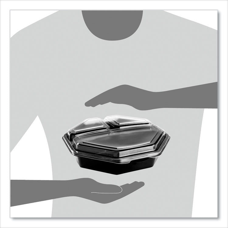 OctaView Hinged-Lid Cold Food Containers, 3 Compartments, 36 oz, 9.57 x 9.2 x 2.4, Black/Clear, Plastic, 100/Carton