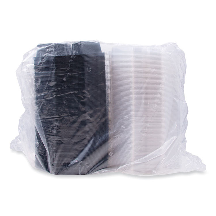 OctaView Hinged-Lid Cold Food Containers, 3 Compartments, 36 oz, 9.57 x 9.2 x 2.4, Black/Clear, Plastic, 100/Carton