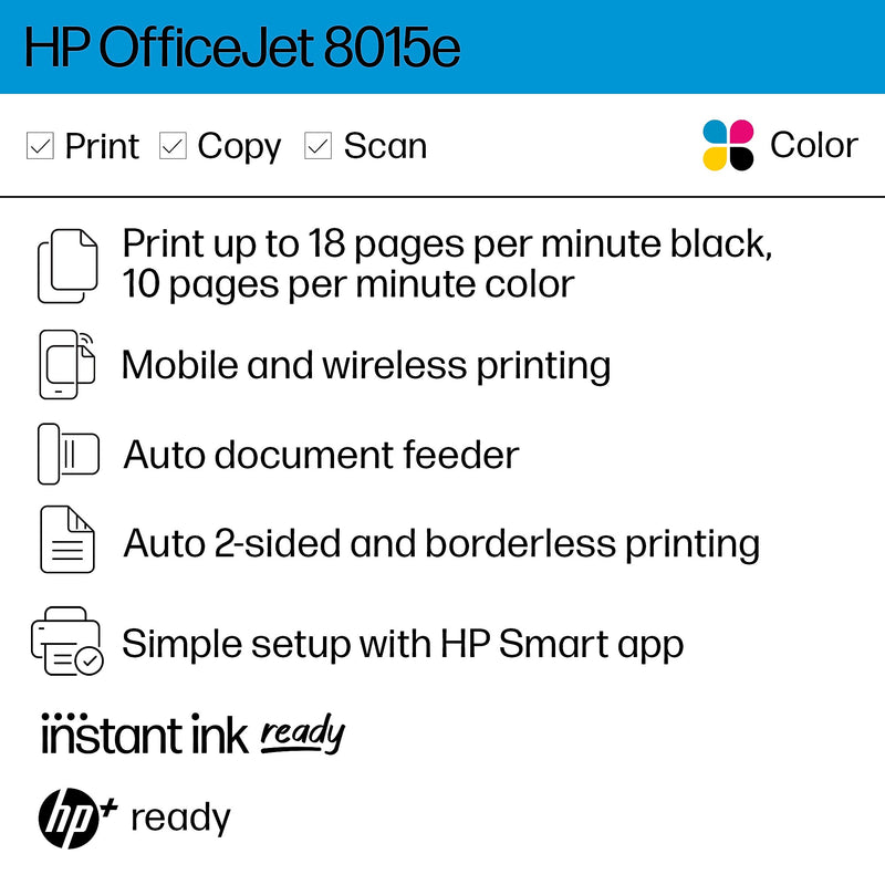 HP OfficeJet 8015e Wireless Color All-In-One Printer, Print, Scan, Copy, Best for Home Office, 6 Months FREE Ink (228F5A)
