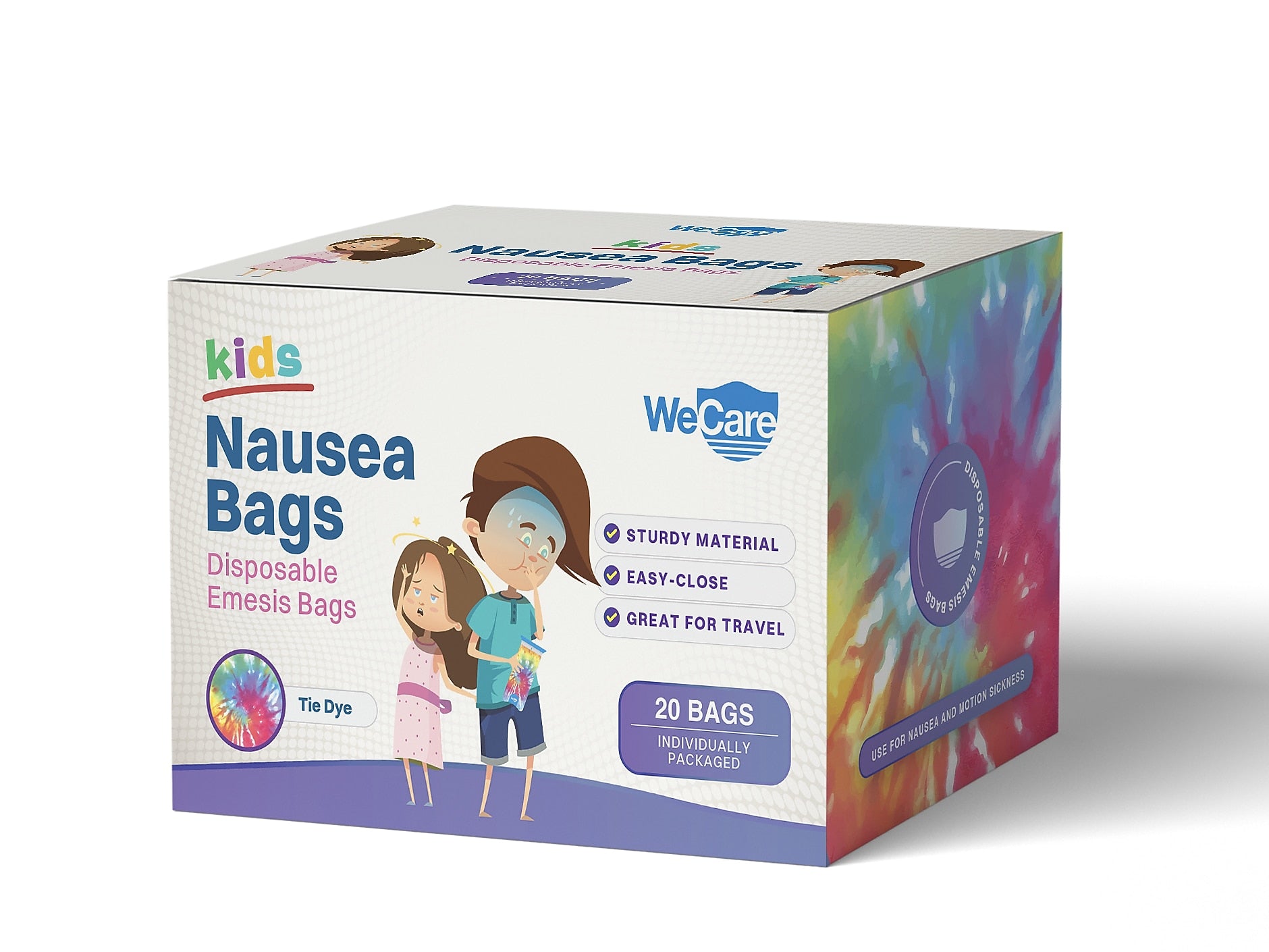 WeCare Tie-Dye Kids' Disposable Emesis Bag for Nausea and Motion Sickness, Multicolor (WC-EMES-T-20)