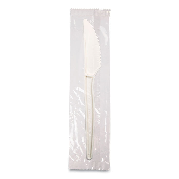 EcoSense Renewable Plant Starch Cutlery, Individually Wrapped, Mediumweight Knife, Plastic, Natural, 750/Carton
