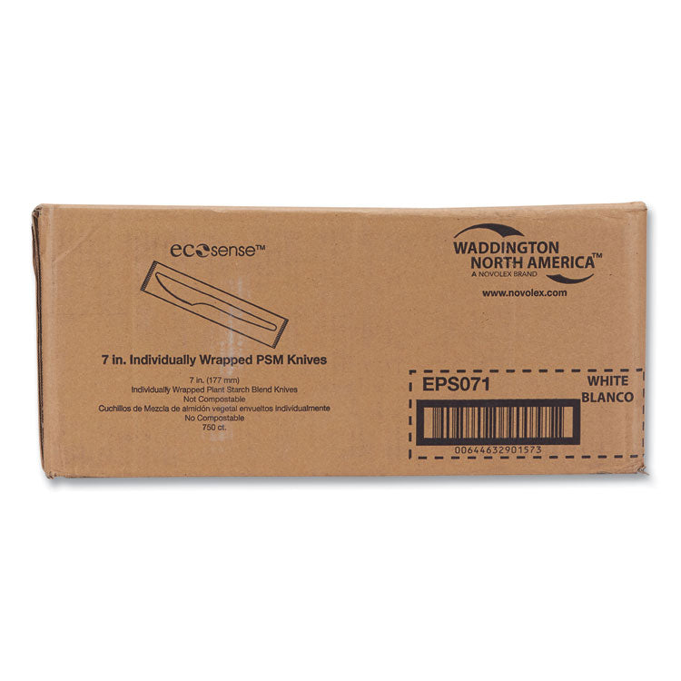 EcoSense Renewable Plant Starch Cutlery, Individually Wrapped, Mediumweight Knife, Plastic, Natural, 750/Carton