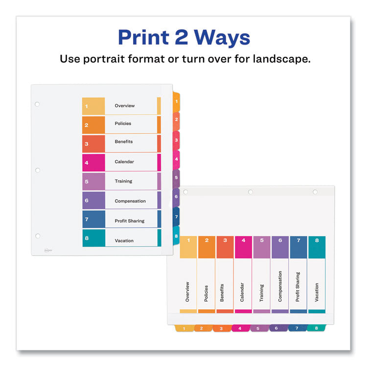 Customizable TOC Ready Index Multicolor Tab Dividers, Extra Wide Tabs, 8-Tab, 1 to 8, 11 x 9.25, White, 1 Set