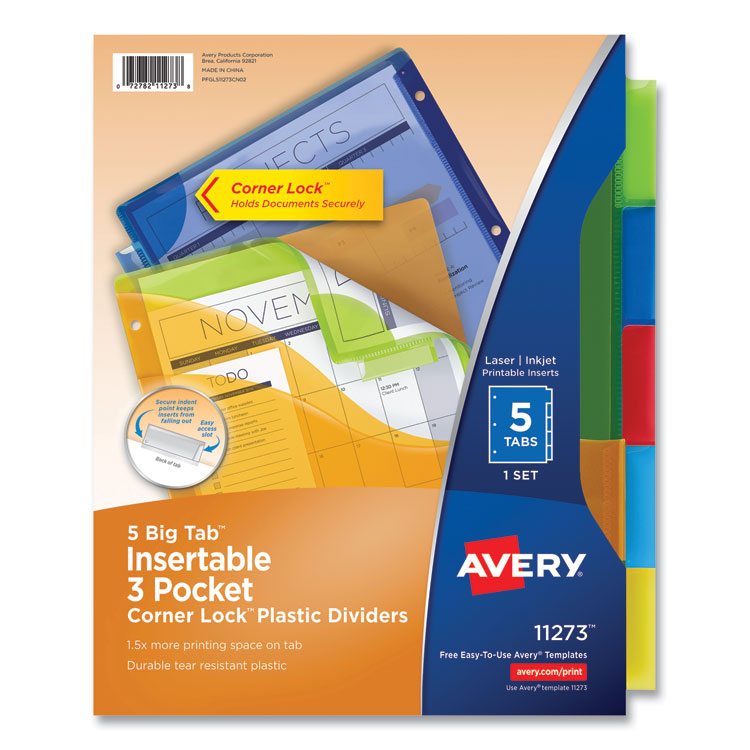 Insertable Big Tab Plastic Three-Pocket Corner Lock Dividers, 5-Tab, 11.13 X 9.25, Assorted, 1 Set