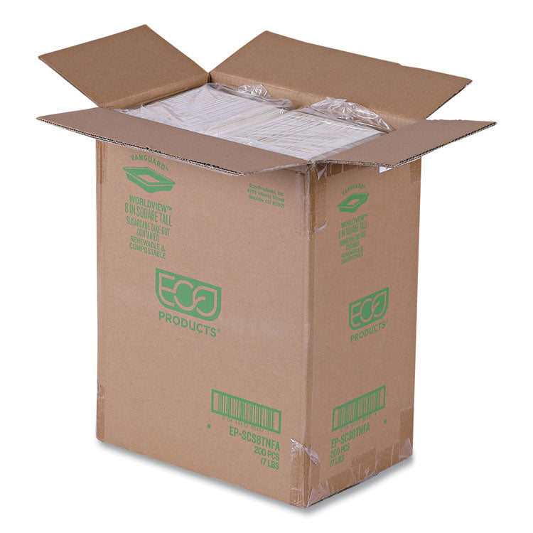 Vanguard Worldview Renewable and Compostable Sugarcane Take-Out Containers, 36 oz, 8 x 8 x 2, White, 200/Carton