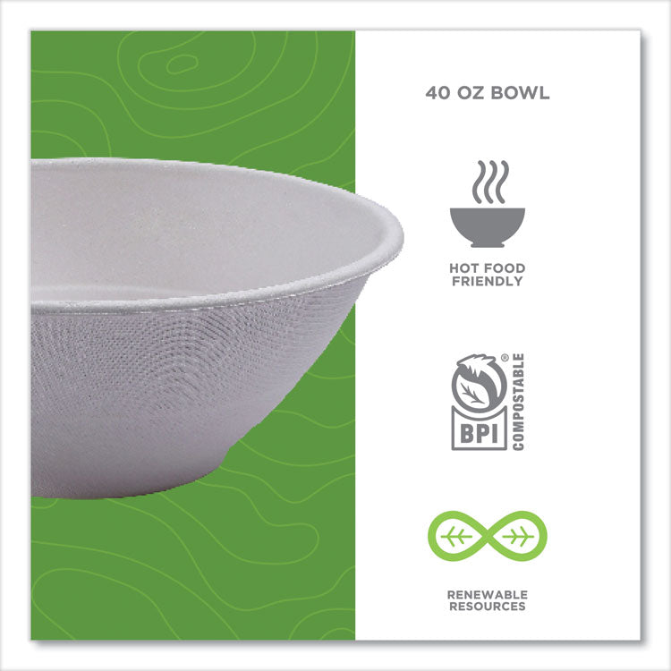Vanguard Renewable and Compostable Sugarcane Bowls, 40 oz, White, 400/Carton