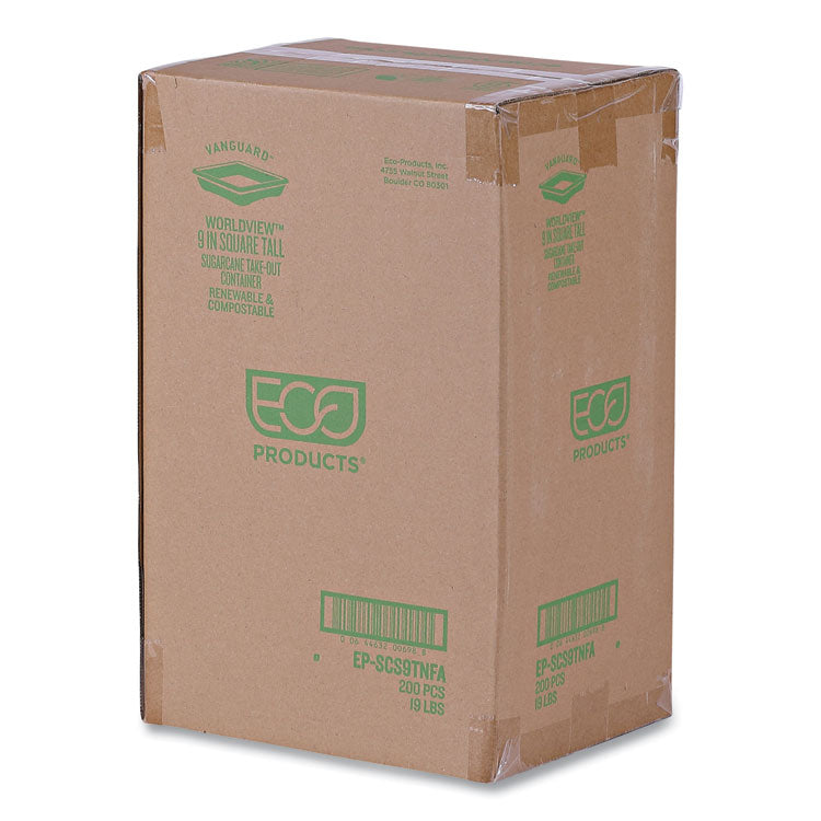 Vanguard Worldview Renewable and Compostable Sugarcane Take-Out Containers, 47 oz, 9 x 9 x 1.5, White, 200/Carton