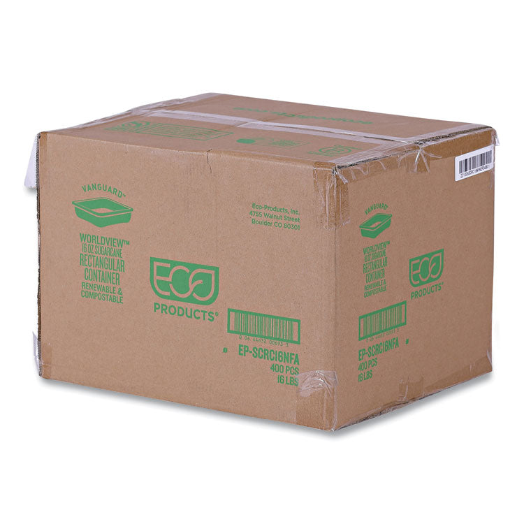 Vanguard Worldview Renewable and Compostable Sugarcane Take-Out Containers, 16 oz, 7 x 5 x 1, White, 400/Carton