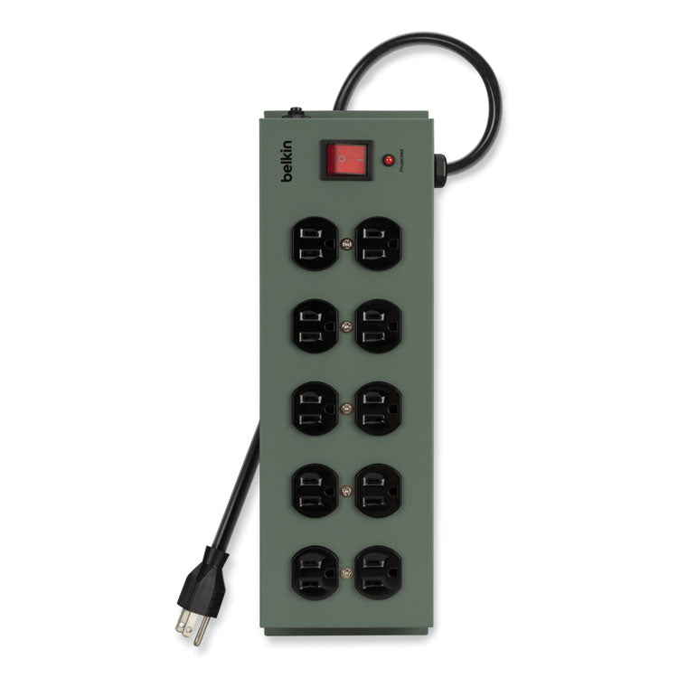 Metal SurgeMaster Surge Protector, 10 AC Outlets, 15 ft Cord, 885 J, Dark Gray