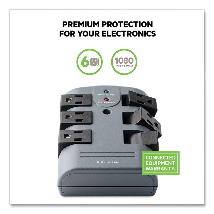Pivot Plug Surge Protector, 6 AC Outlets, 1,080 J, Gray