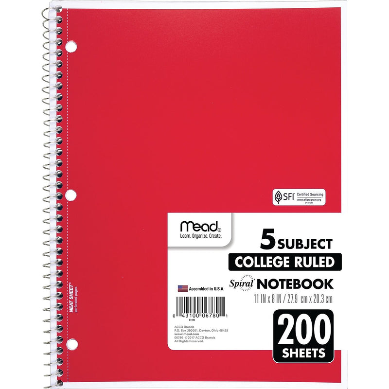 Mead 5-Subject Notebook, 8.5" x 11", College Ruled, 200 Sheets, Assorted Colors (06780)