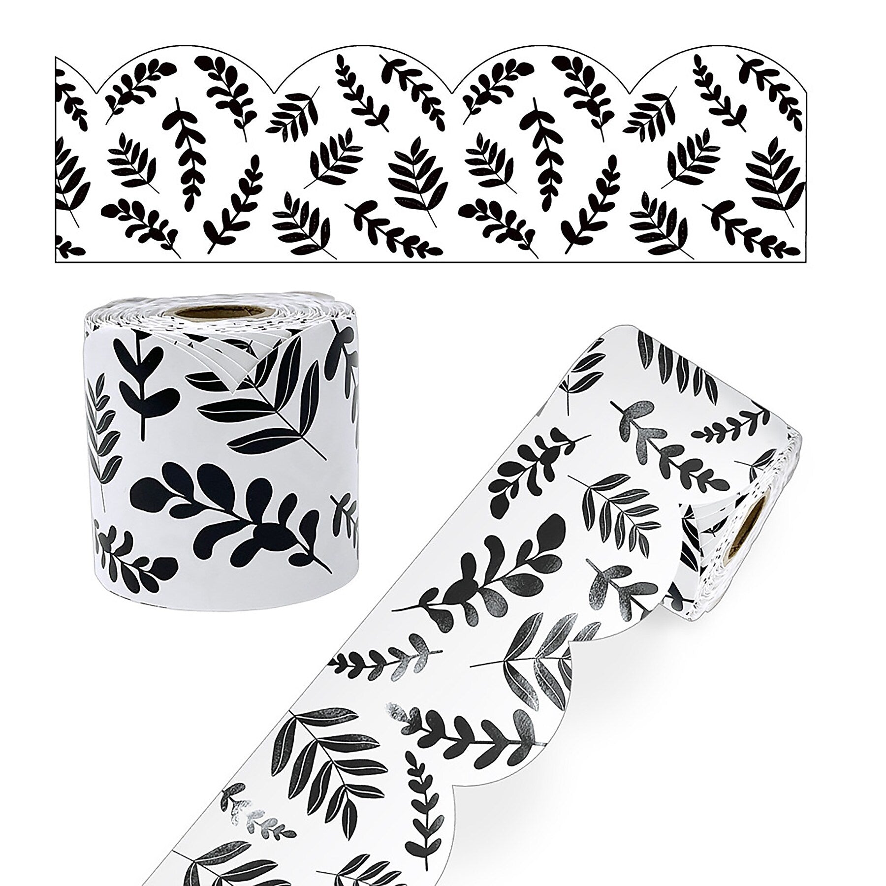 Carson Dellosa Education Rolled Scalloped Borders, 3"x 65', White with Black Leaves, 3/Bundle (CD-108497-3)