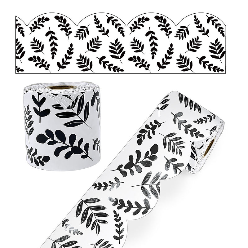 Carson Dellosa Education Rolled Scalloped Borders, 3"x 65', White with Black Leaves, 3/Bundle (CD-108497-3)