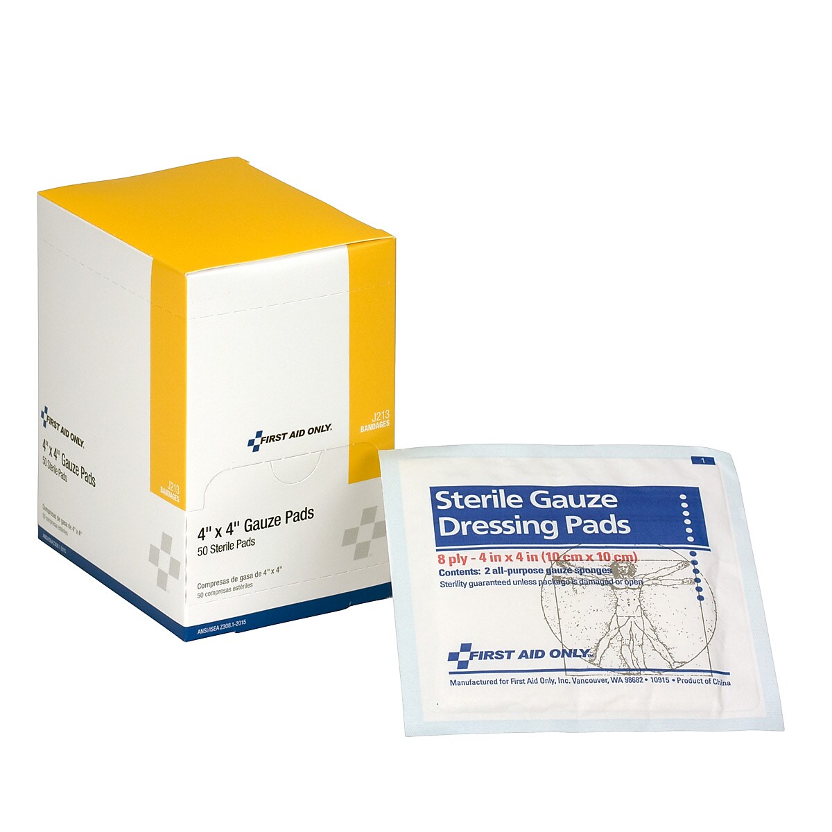 First Aid Only 4" Sterile 8-Ply Pads, 50/Box (J213)