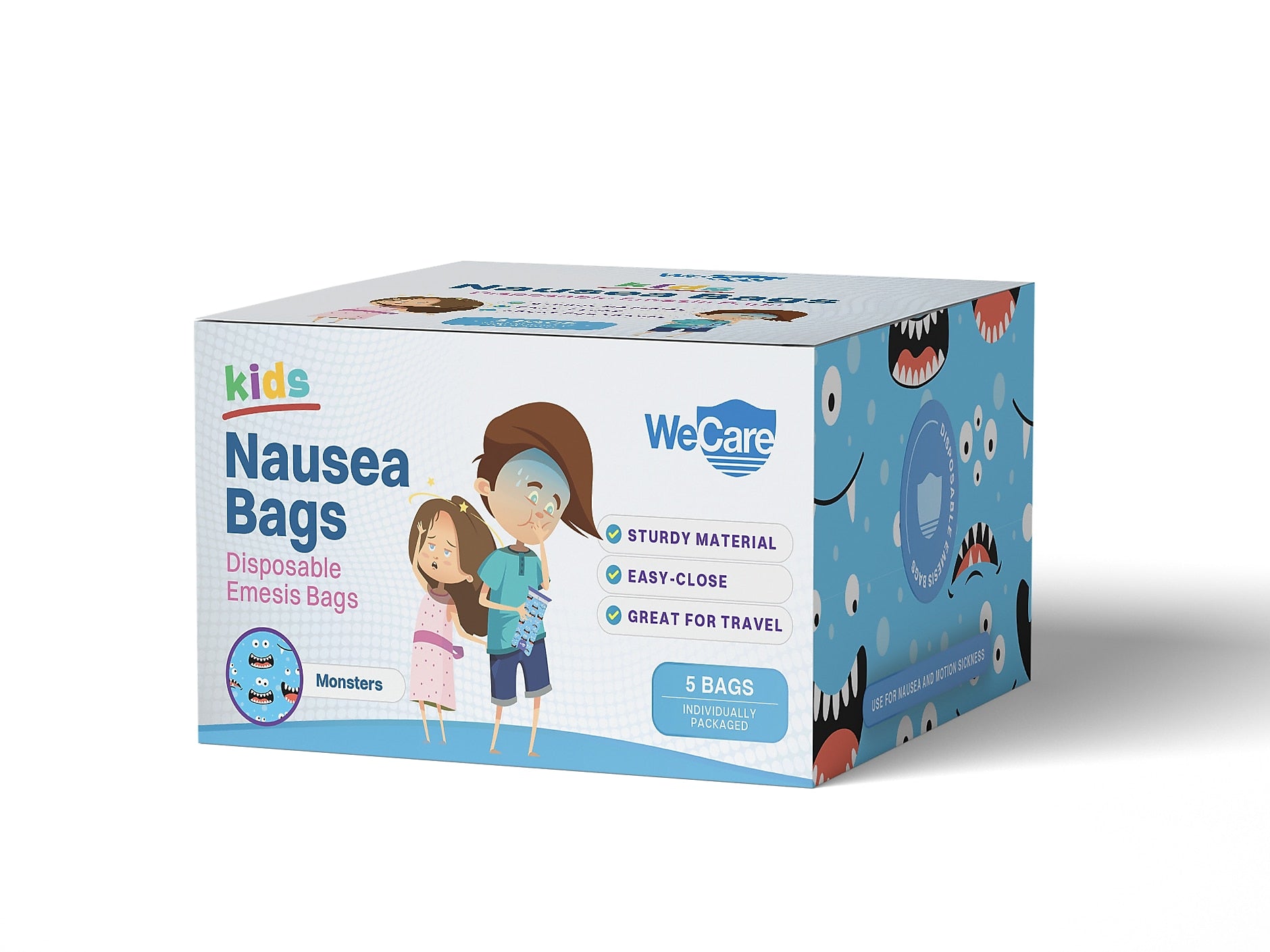 WeCare Monsters Kids' Disposable Emesis Bag for Nausea and Motion Sickness, Multicolor (WC-EMES-M-5)