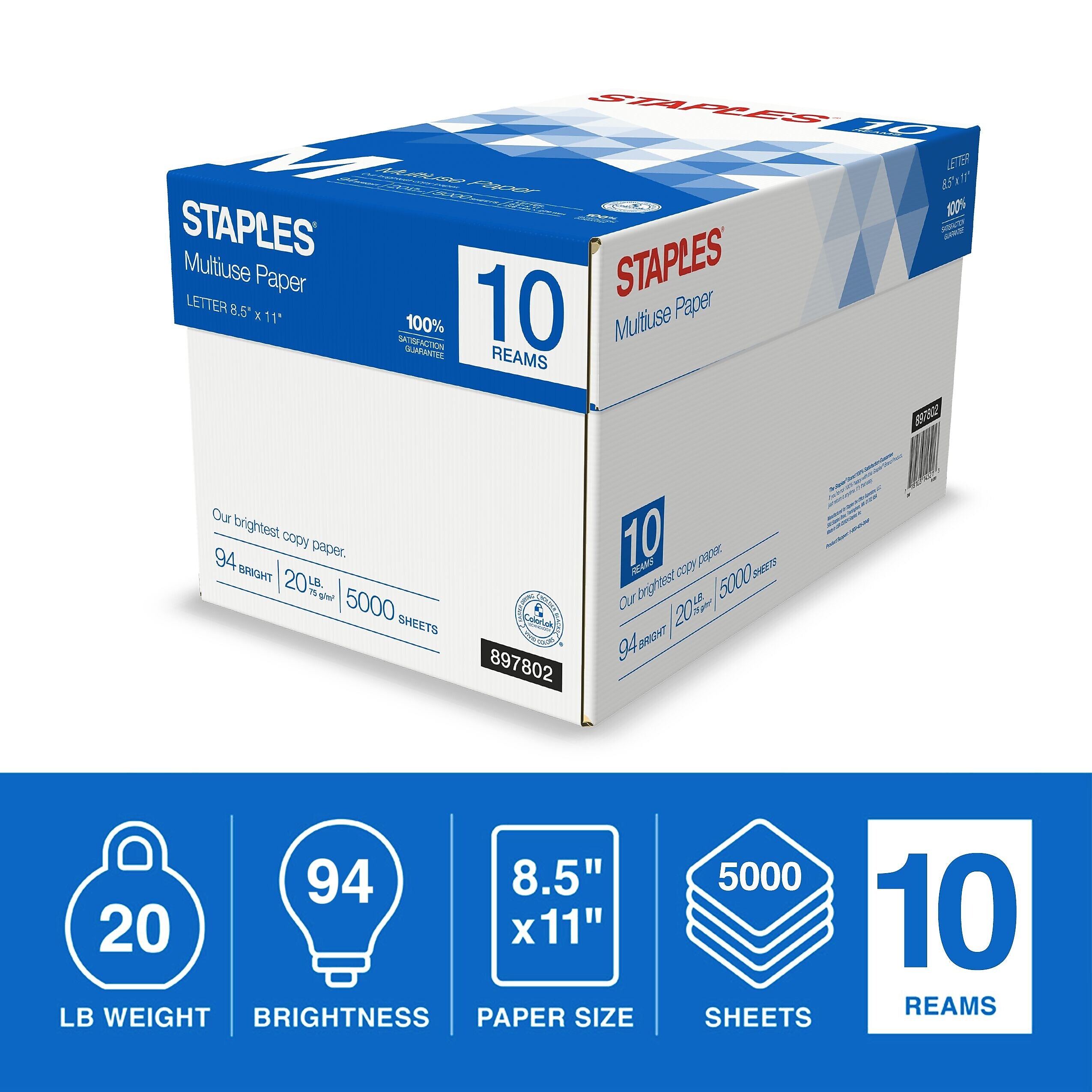 Staples Multiuse Copy Paper, 8.5" x 11", 20 lbs., 94 Brightness, 500 Sheets/Ream, 10 Reams/Carton (20472)