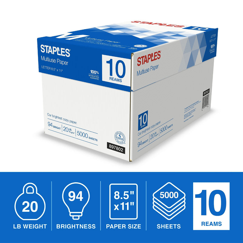 Staples Multiuse Copy Paper, 8.5" x 11", 20 lbs., 94 Brightness, 500 Sheets/Ream, 10 Reams/Carton (20472)