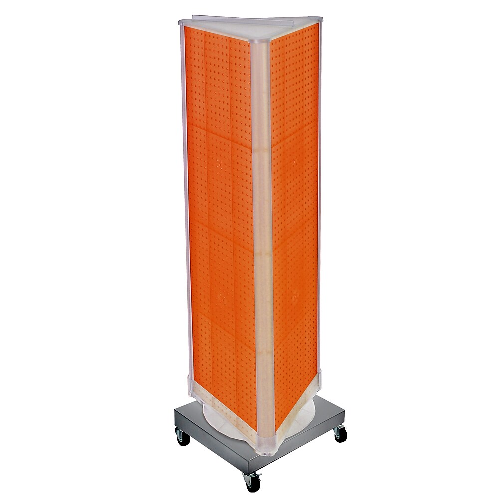 Azar Displays 60” x 16” Three-Sided Revolving Pegboard Tower Floor Display on Wheeled Metal Base, Orange (700452-ORG)