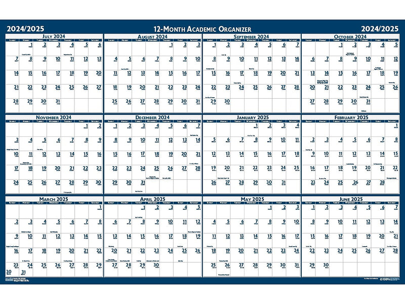 2024-2025 House of Doolittle 37" x 24" Academic Yearly Dry-Erase Wall Calendar, Reversible, White/Blue (395-25)