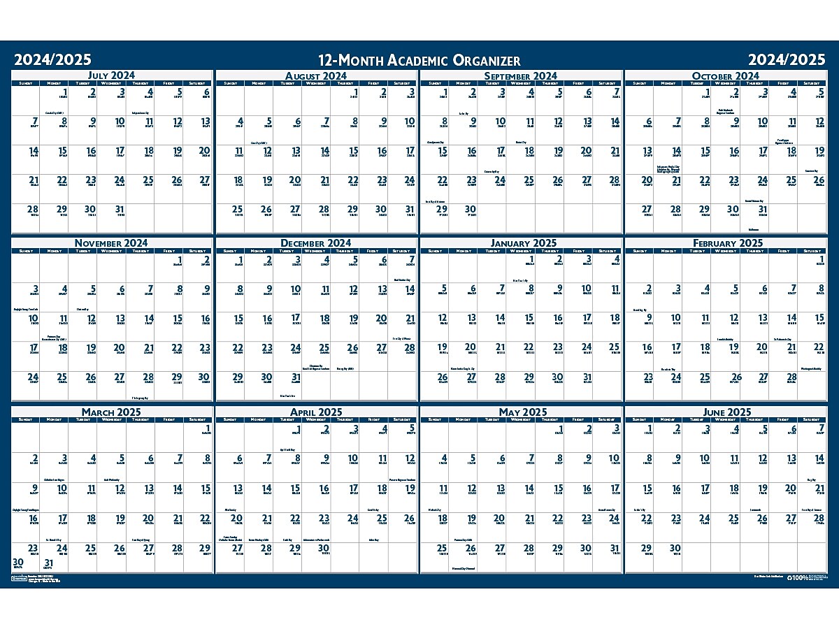 2024-2025 House of Doolittle 37" x 24" Academic Yearly Dry-Erase Wall Calendar, Reversible, White/Blue (395-25)