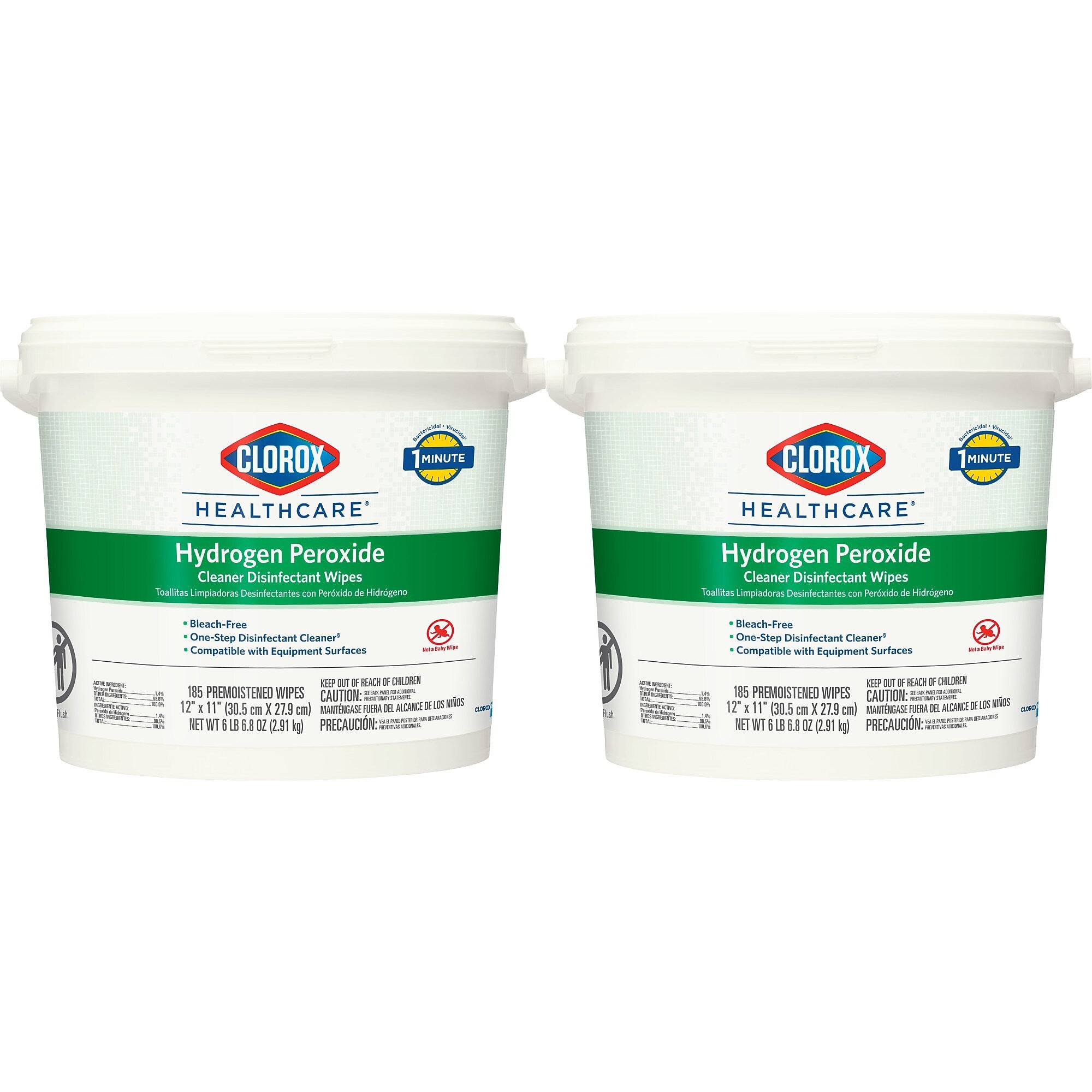 Clorox Healthcare Hydrogen Peroxide Cleaner Disinfectant Wipes, 185 Wipes/Bucket, 2/Carton (30826)