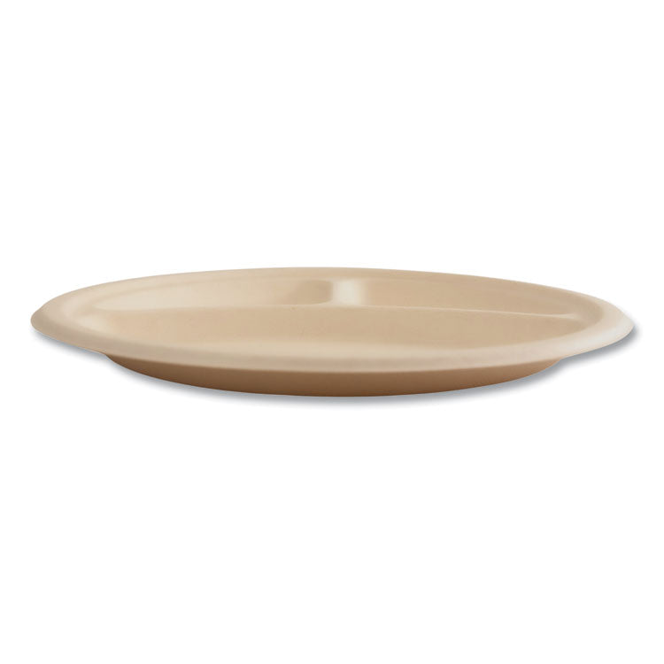 Bagasse PFAS-Free Dinnerware, 3-Compartment Plate, Sugarcane, 10" dia, Tan, 500/Carton
