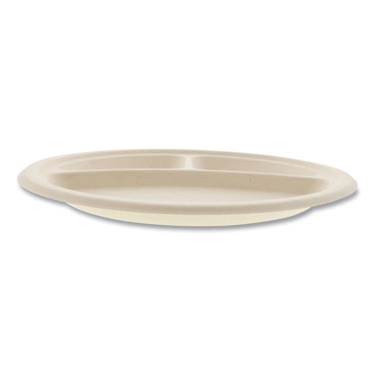 Bagasse PFAS-Free Dinnerware, 3-Compartment Plate, Sugarcane, 10" dia, Tan, 500/Carton