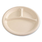 Bagasse PFAS-Free Dinnerware, 3-Compartment Plate, Sugarcane, 10" dia, Tan, 500/Carton